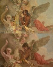 Francesco Fontebasso, Sv. Ana uči Marijo brati, 1737 (detajl). Stanje pred in po restavriranju.