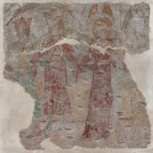 Neznani lokalni slikar (gorenjska skupina visokogotskega linearnega sloga), Fragment z odtisom starejše poslikave na omet s prizoroma Jezusovega darovanja v templju in Poklona sv. treh kraljev, (zač. 14. stol.)